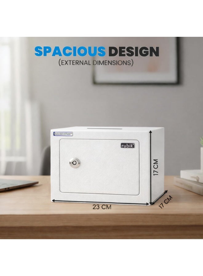 روبيك صندوق أمان صغير أساسي يعمل بالمفتاح مع فتحة (حصالة نقود)، قابل للتركيب على الحائط أو الأرض، مصنوع من الفولاذ مع بطانة ناعمة، للأشياء الصغيرة الثمينة RB-17BK (17x23x17 سم) (أبيض) - Image 2